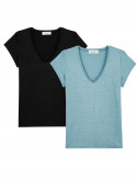 2x T-shirts Lin col V - Bleu ciel + Noir - Femme