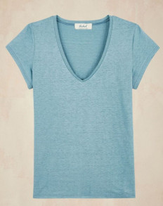 T-shirt col V femme lin - bleu ciel