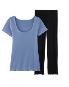 Pyjama T shirt + Pantalon - Bleu Océan + Noir - Femme