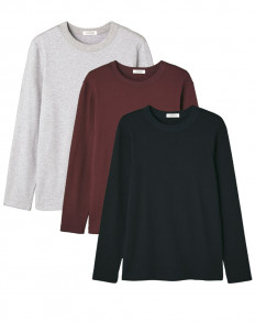 3x T-shirt épais ML en Coton Bio - Aubergine - Noir - Gris