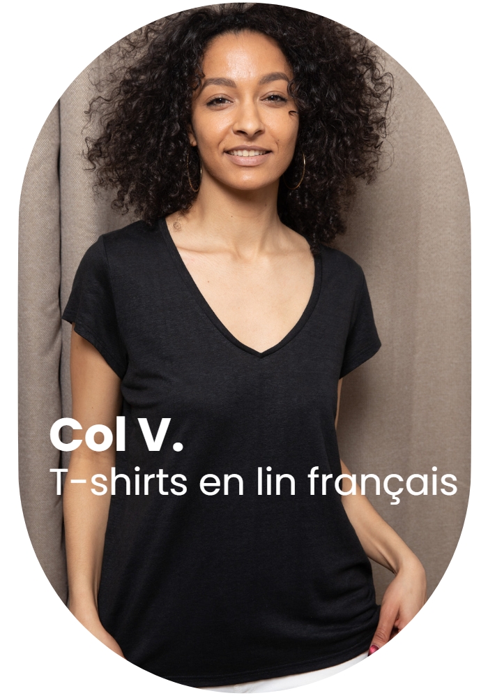 T-shirt col V en lin Femme - Ecru